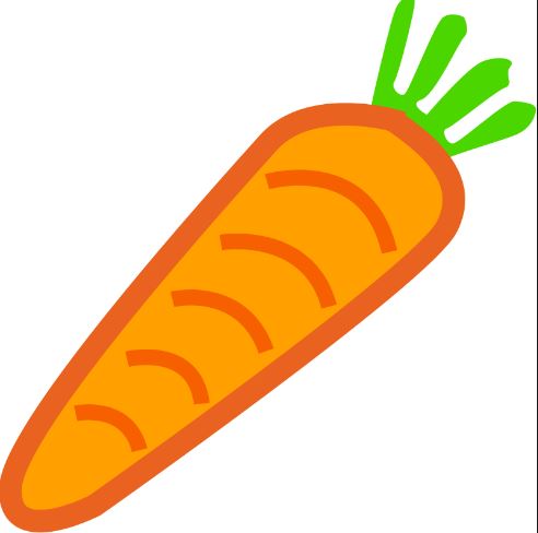 Bright orange cartoon carrot with green leafy top and curved texture lines.