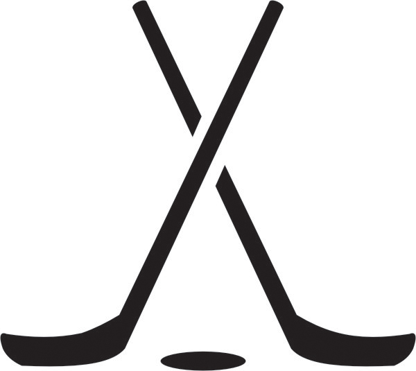 Two crossed hockey sticks with a puck beneath, black silhouette on white background.