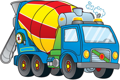Blue cartoon cement mixer truck with yellow and red striped drum, green cab accents, and steam from exhaust.