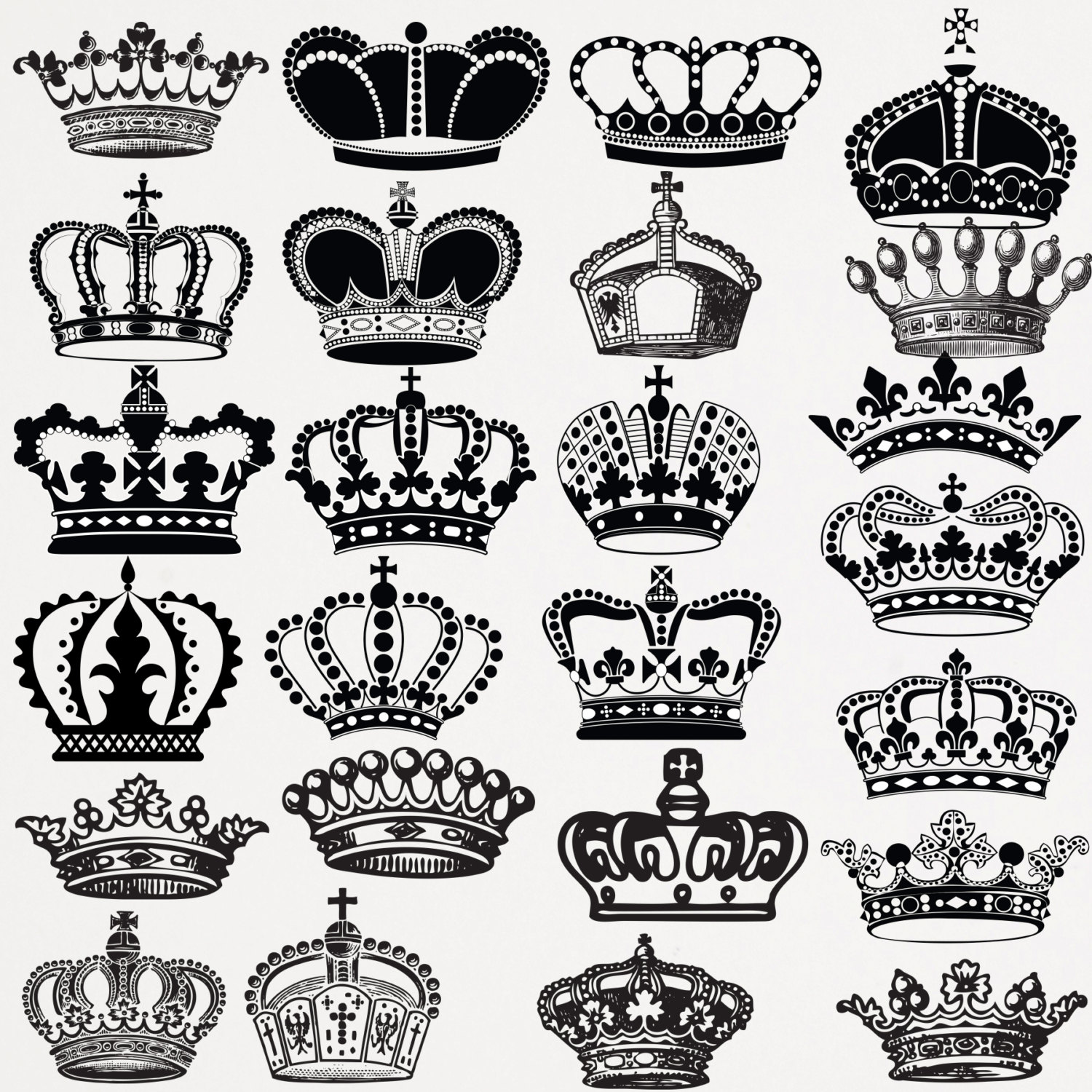 Collection of 24 ornate black-and-white royal crowns with varied designs including crosses, fleur-de-lis, and beading.