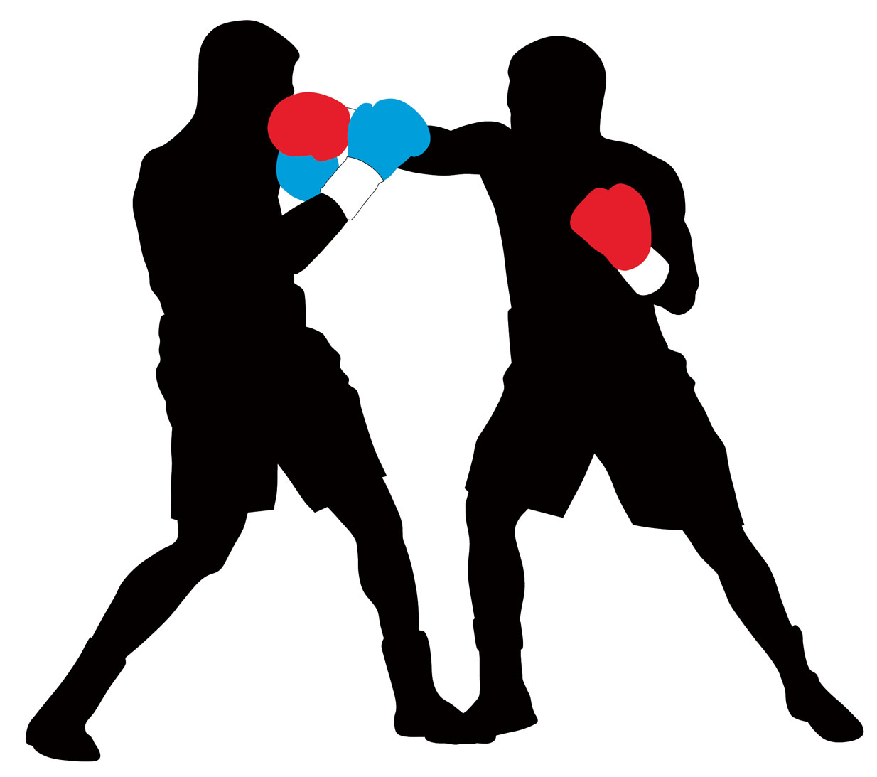 Two boxers in silhouette sparring, one throwing a punch with red and blue gloves against a white background.