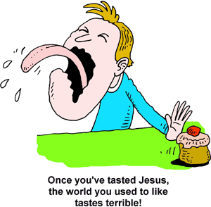 A cartoon man with exaggerated long tongue recoiling in disgust from a small cake, illustrating spiritual transformation.