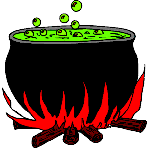 Black cauldron bubbling with green potion over a roaring fire, classic witchcraft illustration.