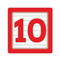 Red square icon with bold number 10 on a striped white background, used for countdowns or rankings.