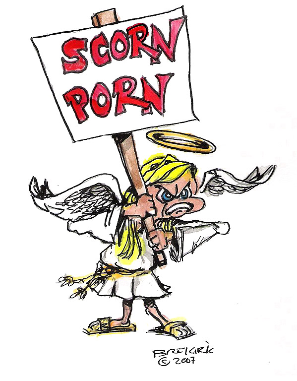 Angry angelic figure holding a "SCORN PORN" protest sign, wings spread, halo askew, drawn in expressive cartoon style.