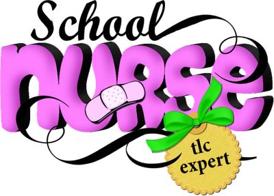 Stylized "School Nurse" text in pink with bandage and green ribbon badge reading "tlc expert"