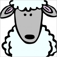Friendly cartoon sheep with fluffy white wool, gray face, and pink inner ears.