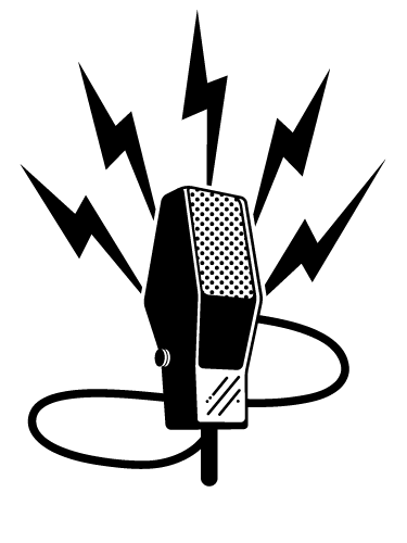 Vintage microphone with lightning bolts radiating outward, symbolizing powerful audio output or broadcast energy.