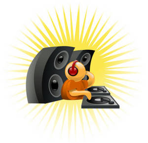 A cartoon DJ with red headphones mixes music on turntables beside large black speakers, radiating yellow energy bursts.