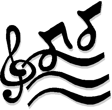 Black musical notes and treble clef flowing over wavy lines on white background, symbolizing melody and rhythm.