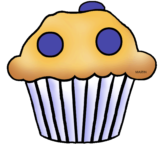 Cartoon-style blueberry muffin with golden-brown top, purple berries, and striped white paper liner.