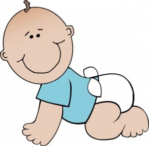 Smiling cartoon baby crawling on hands and knees, wearing a blue shirt and diaper.