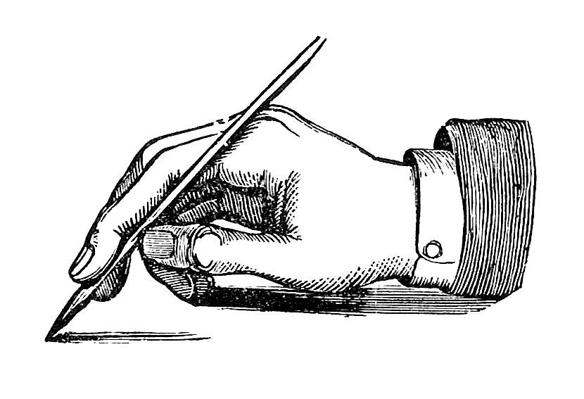 Vintage illustration of a hand in a formal cuff holding a dip pen, writing on paper.