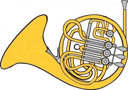 A bright yellow French horn with silver valves and coiled tubing, illustrated in a clean vector style.