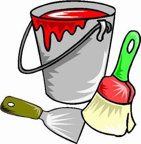 Gray paint bucket with red paint dripping, green-handled paintbrush, and olive-handled putty knife on white background.