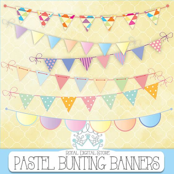 Colorful pastel bunting banners with geometric patterns and polka dots on a cream background, ideal for party decorations.