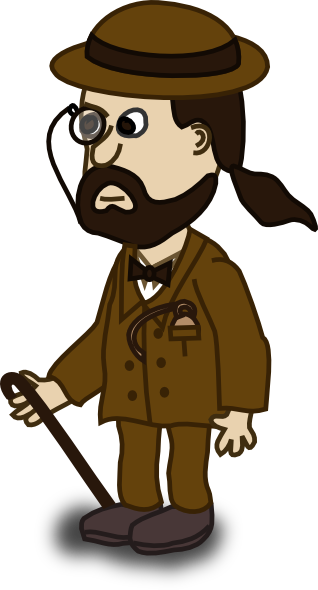 Cartoon detective with magnifying glass, brown suit, bowler hat, and beard, holding a cane.