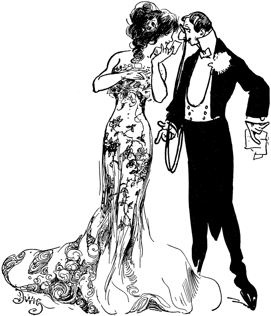 Elegant vintage illustration of a woman in a floral gown whispering to a man in a tuxedo at a formal event.
