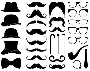 Black silhouette collection of vintage props: hats, mustaches, glasses, pipes, bow ties, and canes for photo booths or costumes.