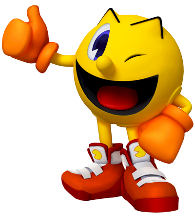 Pac-Man character giving a thumbs-up with a joyful wink and wide smile, wearing red sneakers.