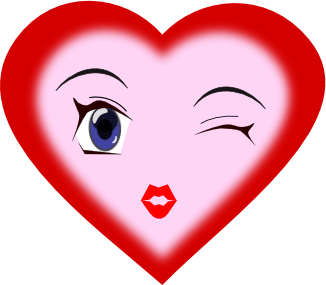 Winking heart-shaped face with one eye open, blue iris, red lips, and playful expression.