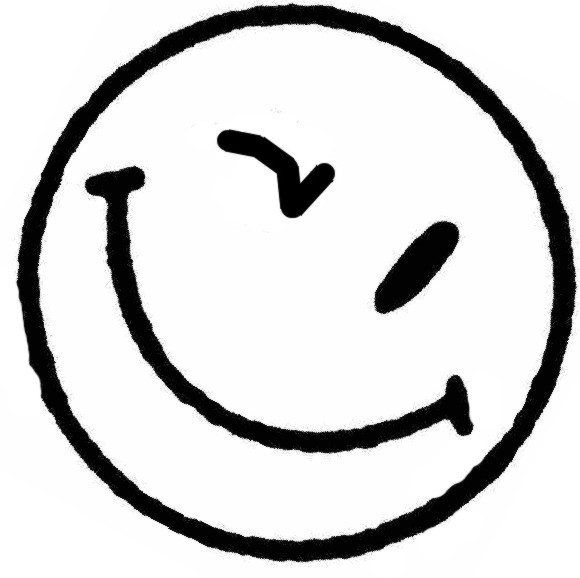 Hand-drawn black-and-white smiley face with winking eye and curved smile, conveying playful cheerfulness.