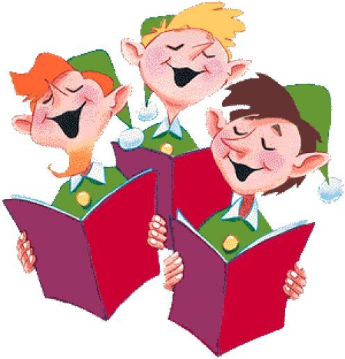 Three cheerful cartoon elves singing from red songbooks with joyful expressions.
