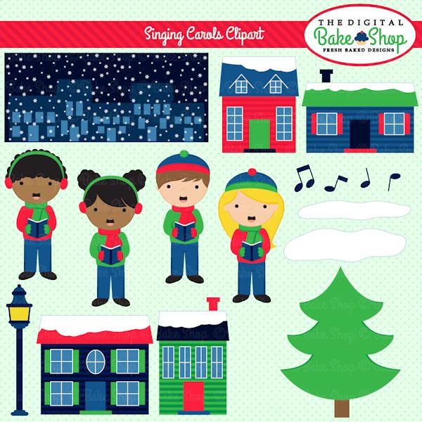 Four diverse children singing carols in winter outfits with snowy houses, a tree, and musical notes.
