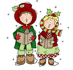 Two cheerful cartoon children dressed as Christmas carolers singing in the snow, holding songbooks and wearing festive hats and scarves.
