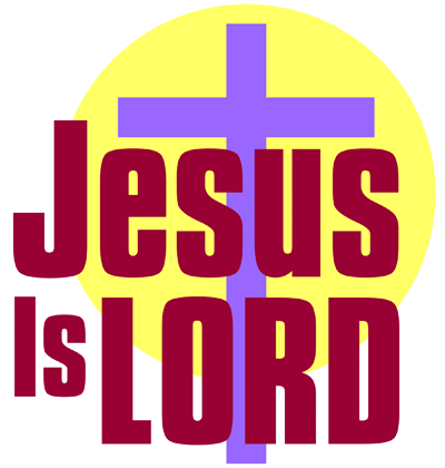 Purple cross on yellow circle with bold red text "Jesus Is Lord"