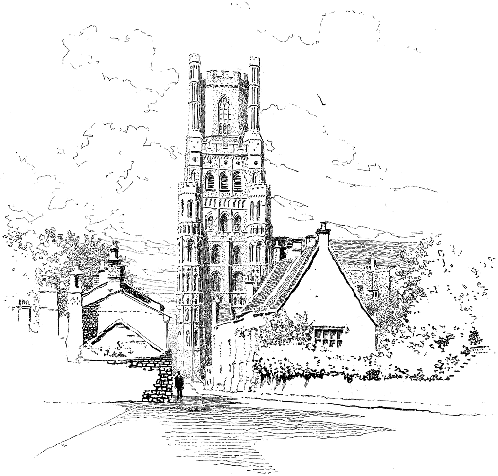 A detailed ink sketch of a historic Gothic church tower flanked by stone cottages and leafy trees under a cloudy sky.