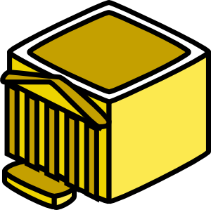 Yellow 3D box with striped side panel and open lid, cartoon-style illustration.