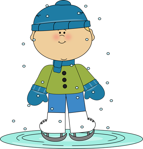 A cheerful cartoon child wearing a blue hat, green coat, and ice skates, standing on ice with snowflakes falling.