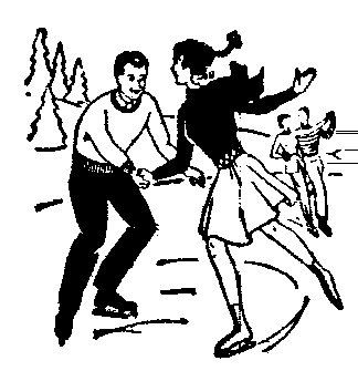 A black-and-white sketch of a man and woman ice skating together outdoors, with trees and other skaters in the background.