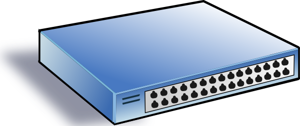 Blue 24-port network switch on a dark surface, illustrating enterprise networking hardware.