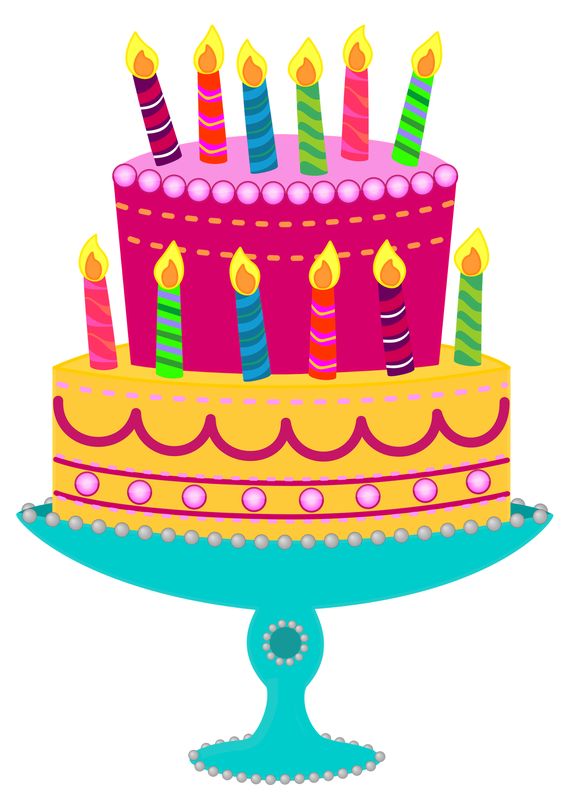 Two-tier birthday cake with colorful candles on a turquoise stand