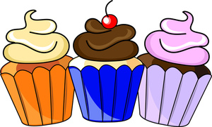 Three colorful cartoon cupcakes-orange, blue, and purple-with vanilla, chocolate, and pink frosting and a cherry on top.
