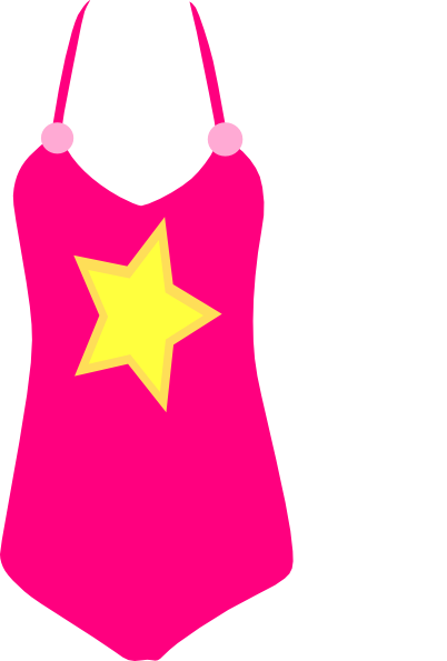 Bright pink one-piece swimsuit with a large yellow star and pink shoulder straps with pom-poms.
