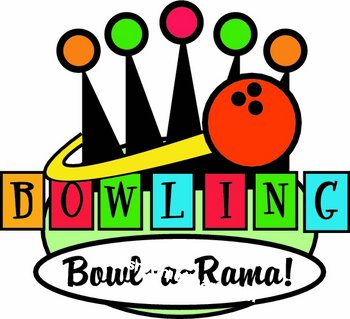Colorful "Bowl-a-Rama!" bowling logo with pins, ball, and rainbow lettering.