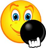 Smiling yellow emoji holding a black bowling ball with a white-gloved hand.