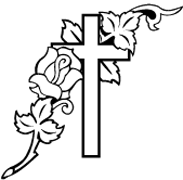 White Christian cross adorned with roses and ivy on black background, symbolizing faith, hope, and remembrance.