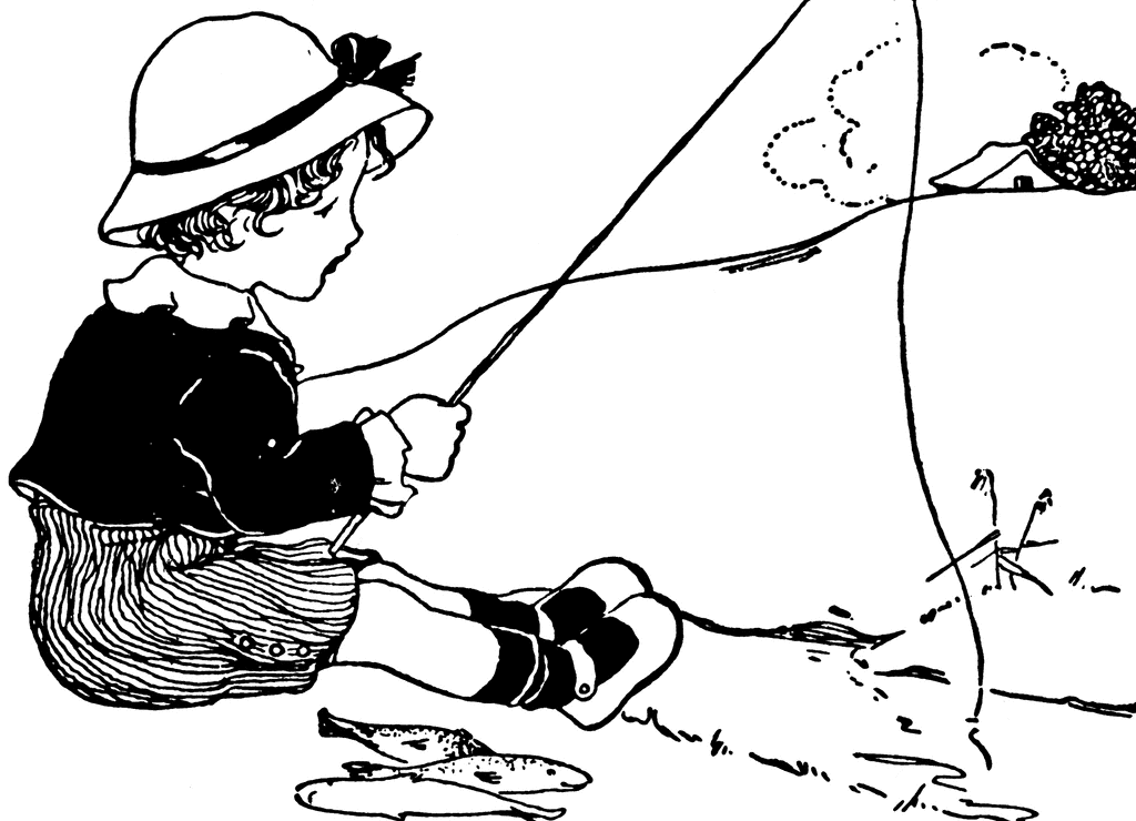 Vintage Illustration of Child Fishing by a Stream