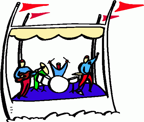 Colorful cartoon band performing on a stage with red flags and a yellow canopy.