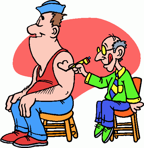 A cartoon man receiving a tattoo on his upper arm from a smiling artist in a green jacket and yellow glasses.