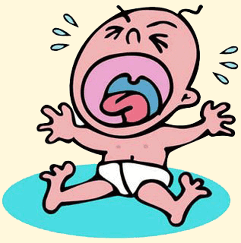 Crying baby in diaper with tears flying, mouth wide open, sitting on blue puddle.