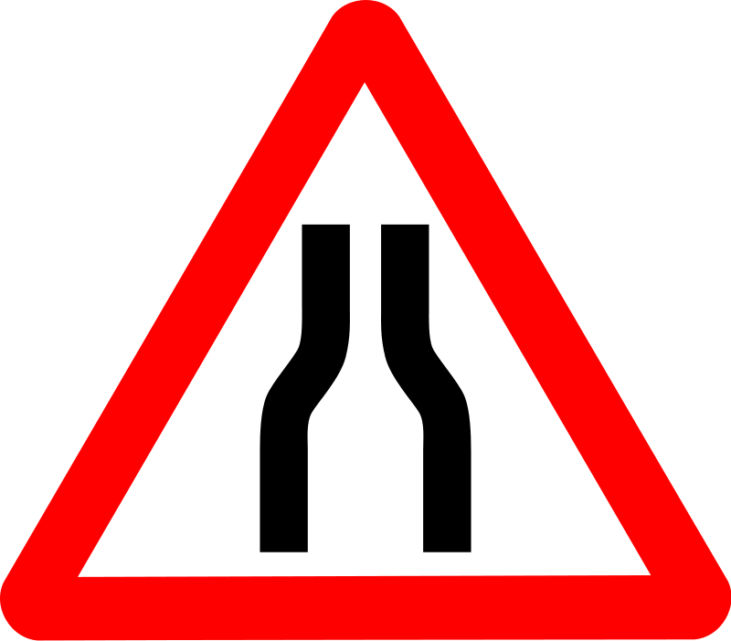 Red triangular road sign warning of a narrow road ahead with two converging black lines on white background.