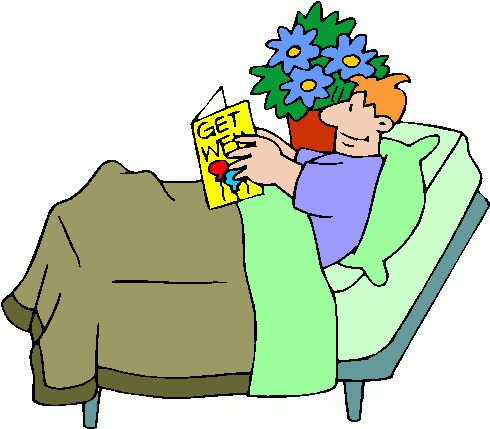 A smiling man in bed reading a "Get Well" card beside a bouquet of blue flowers.