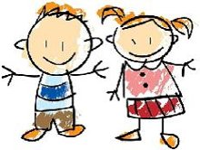 Hand-drawn cartoon of a smiling boy and girl standing side by side, arms outstretched, in cheerful, colorful attire.