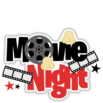 "Movie Night" logo with film reel, popcorn, and star graphics in bold black and red text.