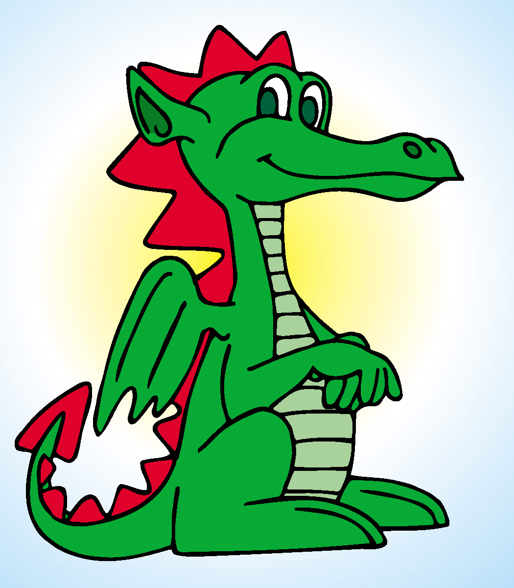Friendly green cartoon dragon with red spikes and wings, smiling while sitting against a soft yellow glow.